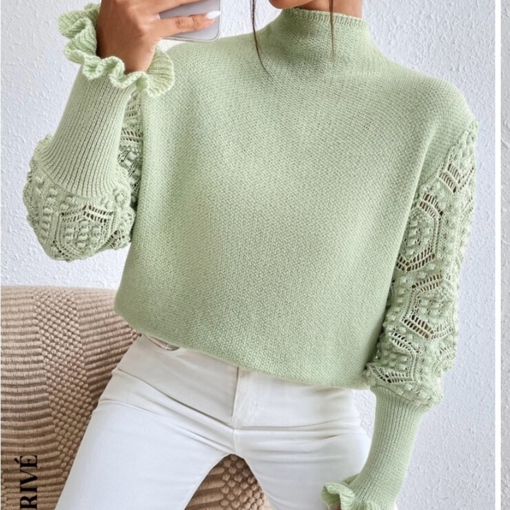 NWOT SHEIN Privé High Neck Eyelet Detail Flounce Sleeve Sweater